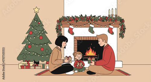 Cartoon illustration of a family exchanging gifts by the fireplace on Christmas day happy moments