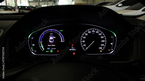 Fotografie Car miles or speedometer scoring with icon and number of car on dashboard