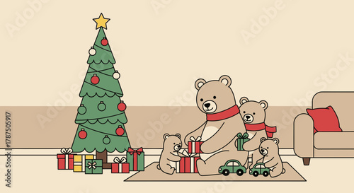 Festive Christmas scene with a bear family exchanging gifts by the decorated tree cheerfully