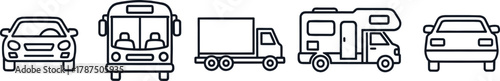 Front and rear view car, bus, truck, RV, vehicle line drawing, black and white, transportation, icon, minimal, outline, set, collection, isolated, side view, front view, travel