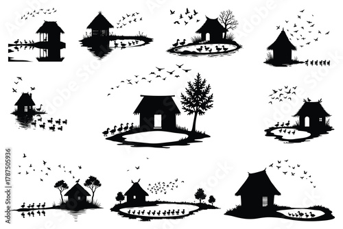 Black silhouette huts ducks and birds on white background