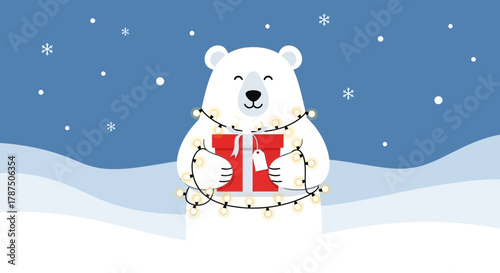 Festive polar bear illustration with christmas lights and a gift in a snowy landscape scene