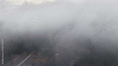 hazy scenery with subdued hues, obscured countryside slowly unveiled in thick fog and subdued colors