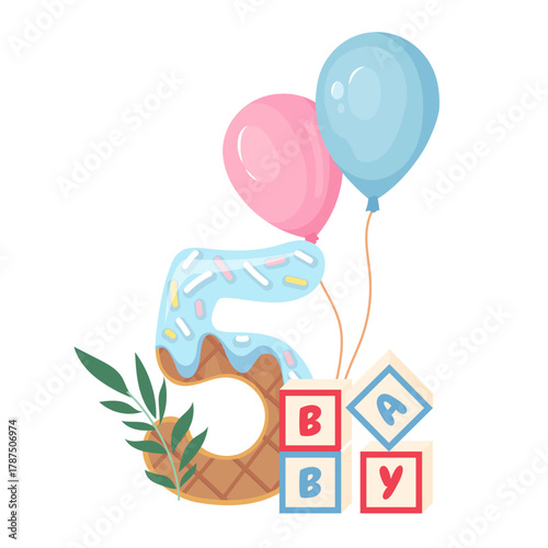Cute baby milestone card featuring number, balloons and baby toys celebrating fifth month. Tender design for newborn to capture every special moment. Vector illustration for celebration banner, album