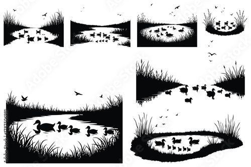 Black silhouette of ducks and ducklings swimming in water with reeds and birds flying