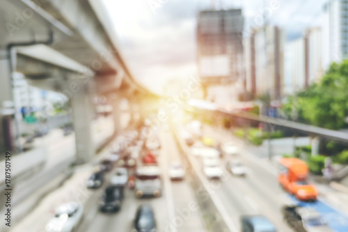 Blur traffic road with bokeh light in the evening time abstract background. transportation and travel concept. Traffic Jam concept.