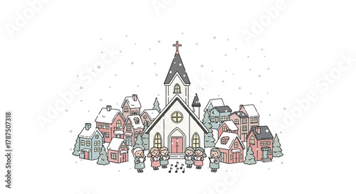 A charming hand-drawn illustration of a Christmas choir singing carols in front of a church in a snowy village.