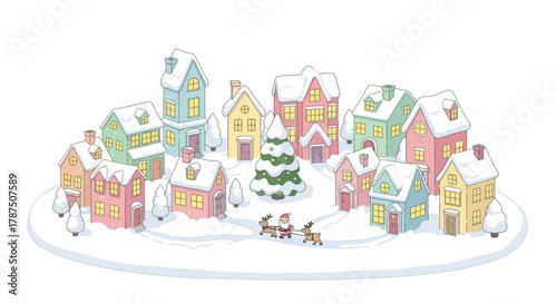 Cute miniature Christmas village covered in snow, tiny pastel houses with warm glowing windows