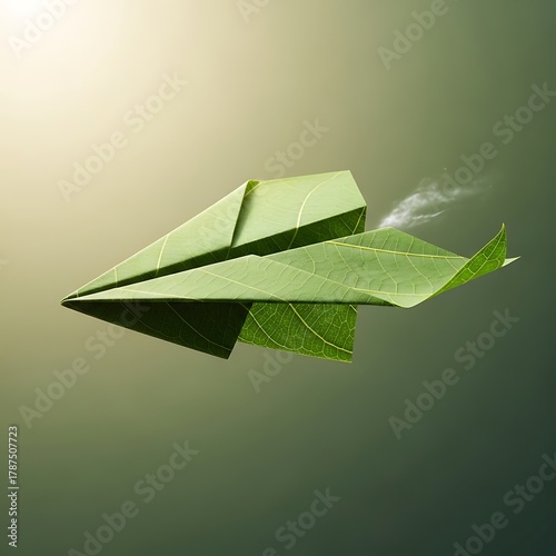 Eco-friendly journey awaits! A stunning leaf paper airplane soars, symbolizing green innovation, sustainable solutions, and a brighter future for our planet