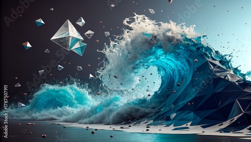 Dynamic wave crashing with geometric shapes and splashes in a surreal underwater scene