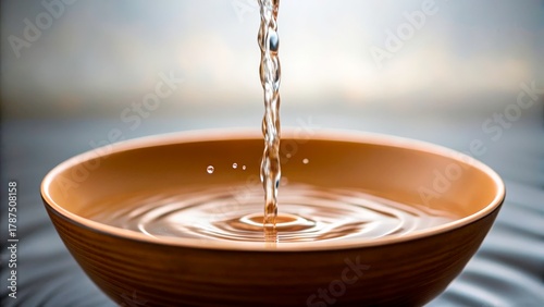 Water streams into a brown bowl creating ripples and reflections in natural light
