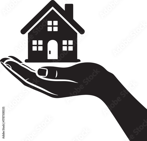 Flat hand holding house icon concept as symbol for property business vector illustration