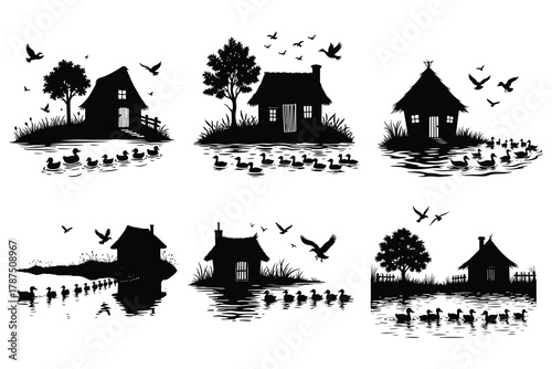 Six black silhouette scenes of duck families by thatched roof houses