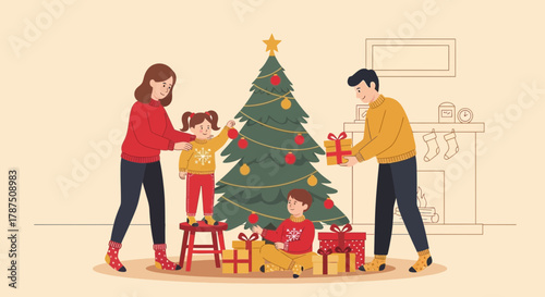 Joyful holiday scene of family decorating christmas tree and exchanging gifts with festive warmth