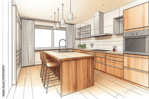 Kitchen drawing showcases wood accents and natural view. Architectural rendering emphasizes modern interior, highlighting island and lines. Drawing represents planning.