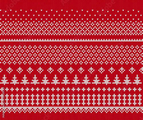 Knitted sweater print. Christmas border with trees. Holiday red geometric background. Xmas knit seamless pattern. Fair isle traditional texture. Festive winter ornament. Vector.