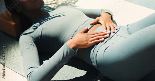 Tableau sur toile Hands, woman and abdomen outdoor for yoga with gut health, weight loss and break for recovery