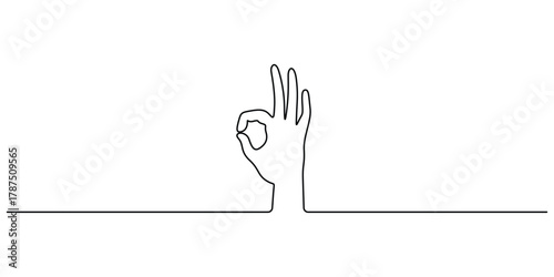 Continuous one line drawing of hand showing okay or perfect gesture. Learn to count numbers. Nonverbal signs or symbols. Graphic illustration