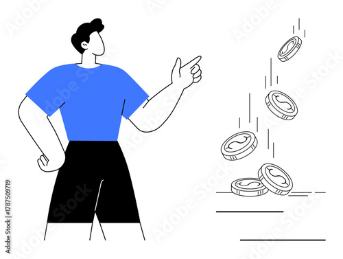 Confident individual in blue shirt gestures towards cascading coins implying wealth generation. Ideal for finance, business success, entrepreneurship, investment, savings, budgeting, economic