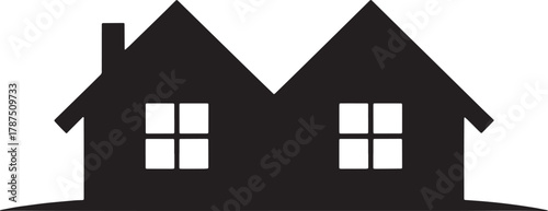 Silhouette of Two Small Houses With Chimneys and Windows in Rural Area