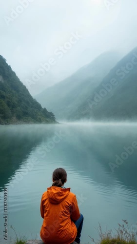 A serene scene of a woman sitting by a calm misty lake, surrounded by lush green mountains.