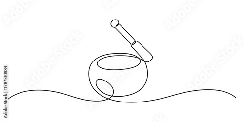 Singing bowl icon continuous one line drawing. Tibetan singing bowl with a wooden resonant stick single line art vector illustration