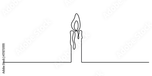 Continuous one line drawing of a candle with flame blending into a swirl, minimalist continuous single line art in black on white vector illustration