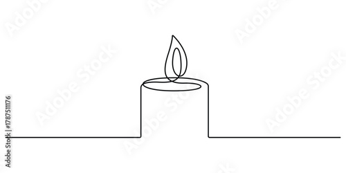 Continuous one line drawing of a candle with flame blending into a swirl, minimalist continuous single line art in black on white vector illustration