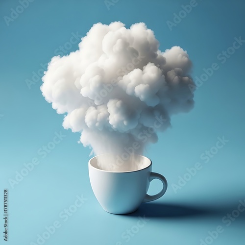 Dreamy coffee break concept with fluffy clouds rising from a white mug against a soothing blue backdrop perfect for wellness and relaxation campaigns