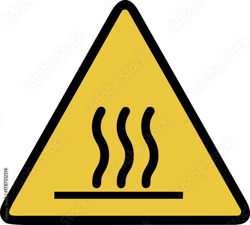 Warning sign for hot surface showing steam with black outlined triangle on a yellow background