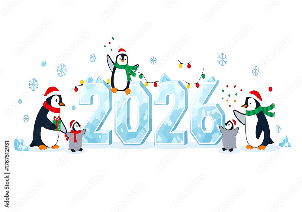 Obraz premium Cute Cartoon Penguins Decorating Icy 2026 New Year Banner