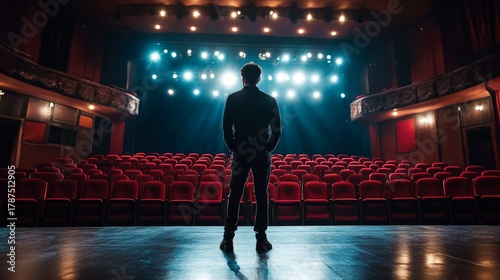 An actor rehearsing under the spotlight on a theater stage, preparing for an upcoming performance in a grand auditorium