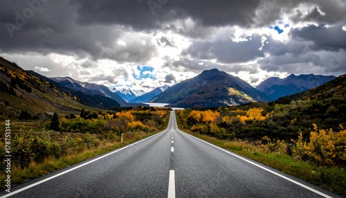 Road leading to mountains, framed by autumnal trees and a dramatic cloudy sky, with a lake in distance
