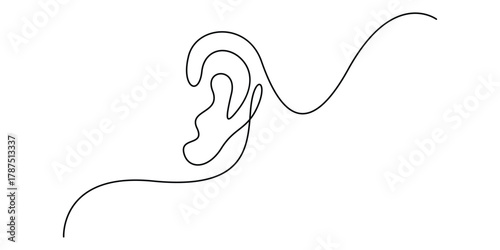 Human ear continuous one line drawing. Minimalist single line art ear icon vector illustration