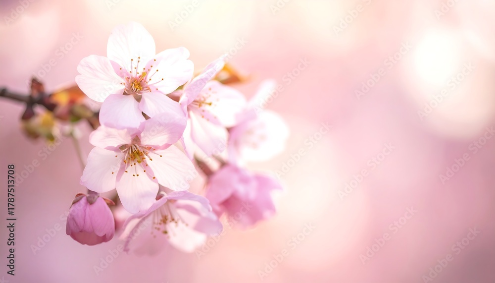 Fototapeta premium Soft focus cherry blossom branch with delicate pink petals against a bokeh filled pastel pink background