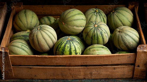 Fresh melons in a rustic wooden crate, showcasing various shades of green and striped patterns, highlighting the natural beauty of seasonal produce and farm freshness