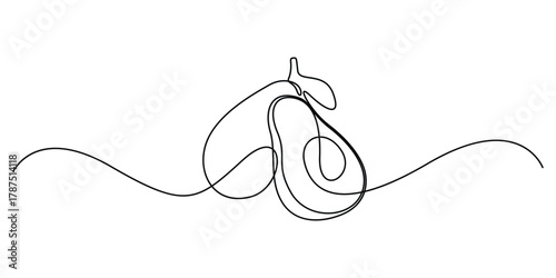 Continuous one line art drawing of two avocado halves with a wavy line extending outwards vector illustration