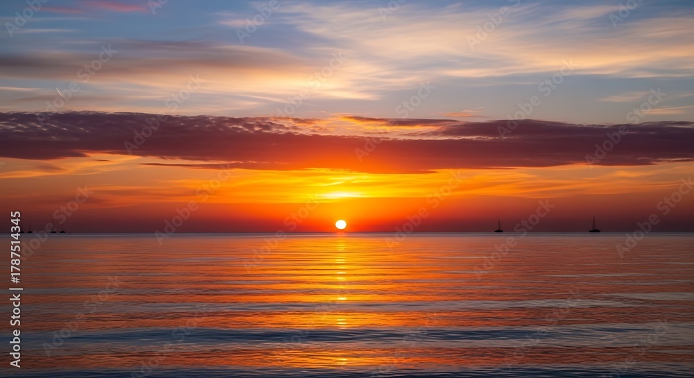 Naklejka premium Golden Hour Serenity - A Tranquil Sunset Over the Ocean.