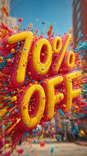 A bright and colorful animated advertisement for a limited time 70% discount, with large exaggerated text 