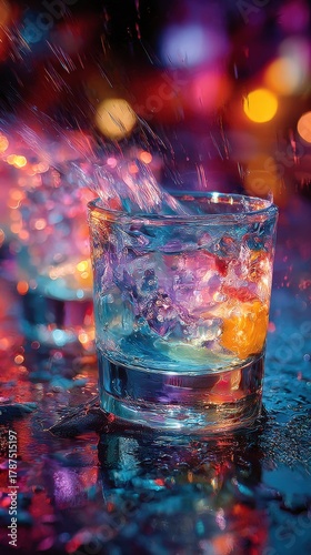 Dynamic photo of 4 blue alcoholic drinks in a clear glass, motion blur and flash effect, vibrant nightlife aesthetic