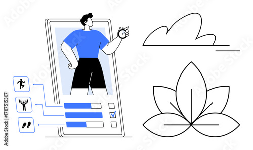Fitness app mockup showcasing activity tracking, a determined individual, wellness icons thumbs up a lotus and cloud. Ideal for health, wellness, technology, self-improvement, meditation, lifestyle