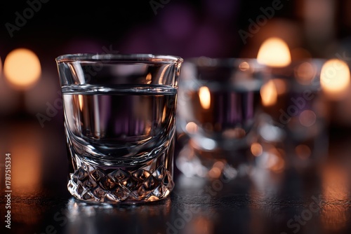Dynamic photo of 4 blue alcoholic drinks in a clear glass, motion blur and flash effect, vibrant nightlife aesthetic