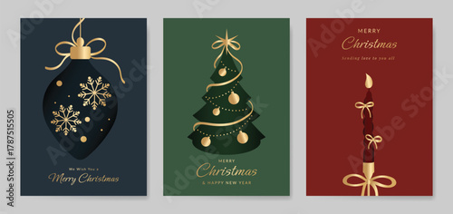 Christmas Luxury gold  invitation card design vector. Christmas pine leaves, snowflake with gold foil and spot texture on navy blue background. Design illustration for cover, print, poster, ads.