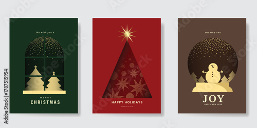 Christmas Luxury gold  invitation card design vector. Christmas pine leaves, snowflake with gold foil and spot texture on navy blue background. Design illustration for cover, print, poster, ads.