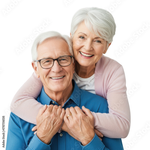 Happy elderly couple embracing with love and joy isolated on transparent background