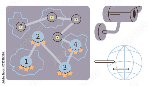 Network map with connections, padlocks, and ratings surveillance camera and global grid. Ideal for cybersecurity, data protection, online safety, privacy, monitoring, encryption global security