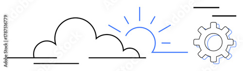 Quadro su tela Cloud with sunbeam lines alongside a gear and floating lines suggests technology, weather, process optimization, innovation