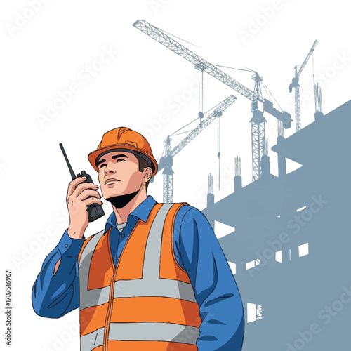A diligent construction worker in a safety vest and hard hat communicates via walkie-talkie on an active building site with cranes in the background.