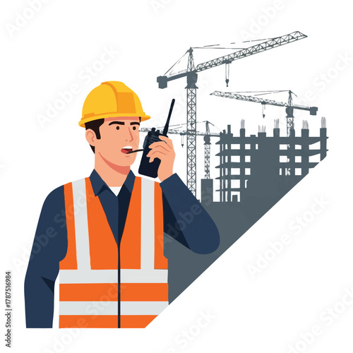 A dedicated construction supervisor, wearing a hard hat and safety vest, efficiently communicates via walkie-talkie on a bustling building site with cranes.