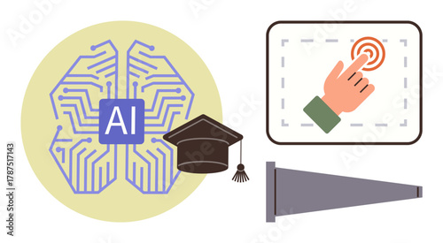 AI neural network with graduation cap, touchscreen hand gesture, and megaphone. Ideal for learning, technology, innovation, education, communication interaction digital transformation. Simple flat